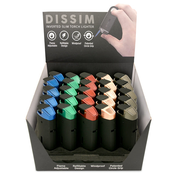 DISSIM SLIM SINGLE TORCH LIGHTERS IN DISPLAY BOX OF 25 MIXED COLORS