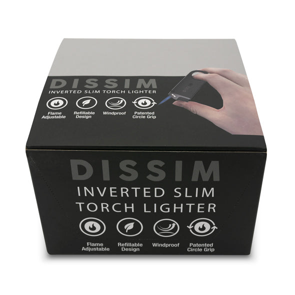 DISSIM SLIM SINGLE TORCH LIGHTERS IN DISPLAY BOX OF 25 MIXED COLORS