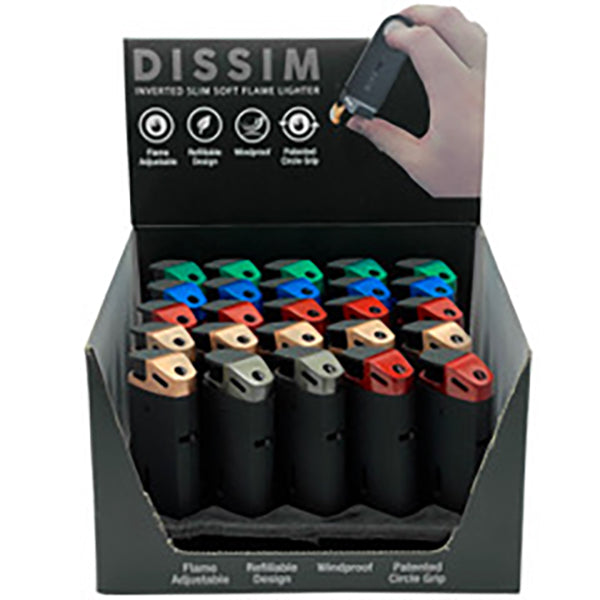 DISSIM SLIM SOFT FLAME LIGHTERS IN DISPLAY BOX OF 25 MIXED COLORS