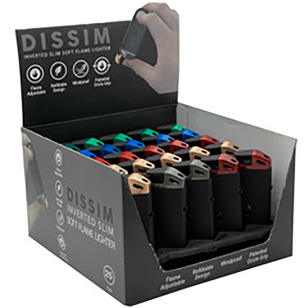 DISSIM SLIM SOFT FLAME LIGHTERS IN DISPLAY BOX OF 25 MIXED COLORS